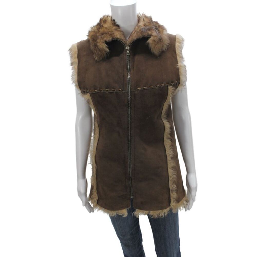 Designer Womens Suede Brown Zip Sleeveless Bohemian Vest Size S